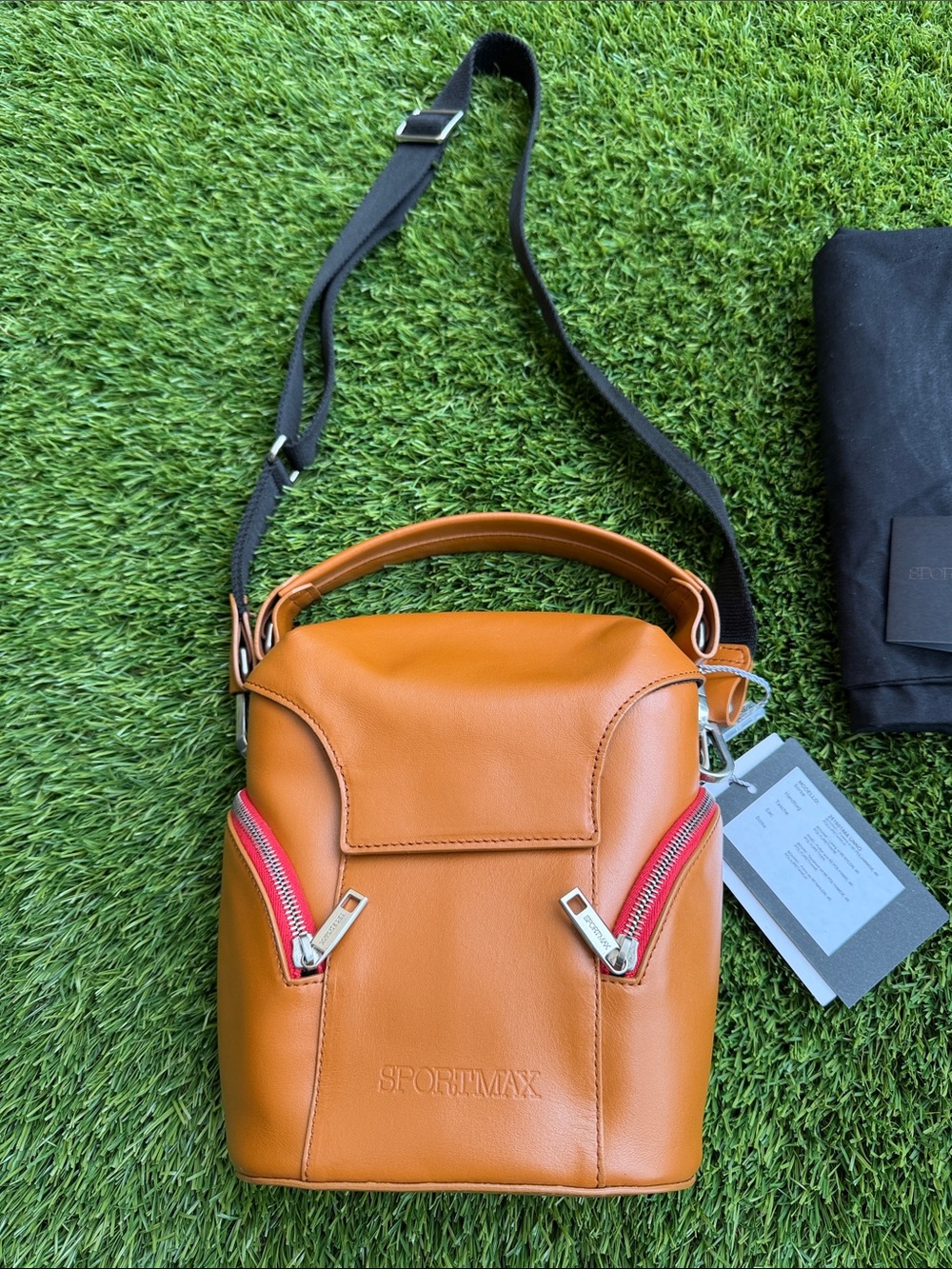 Sportmax Tan Leather Crossbody with Red Zipper Details